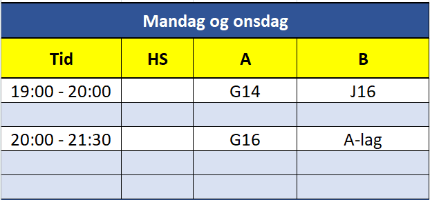 Treningstider måndag og onsdag, bane A og B