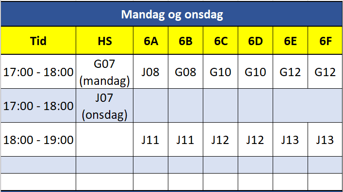 Treningstider måndag og onsdag